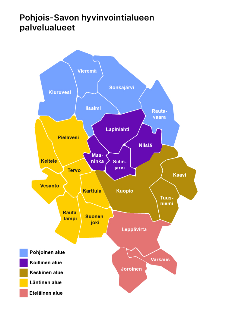Pohjois-Savon kunnat on jaettu viiteen alueeseen
