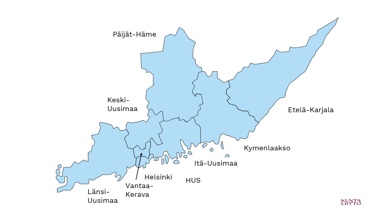 Kartta Etelä-Suomen yhteistoiminta-alueesta (YTA) ©Tilastokeskus 2021 ©Kuntaliitto 2021