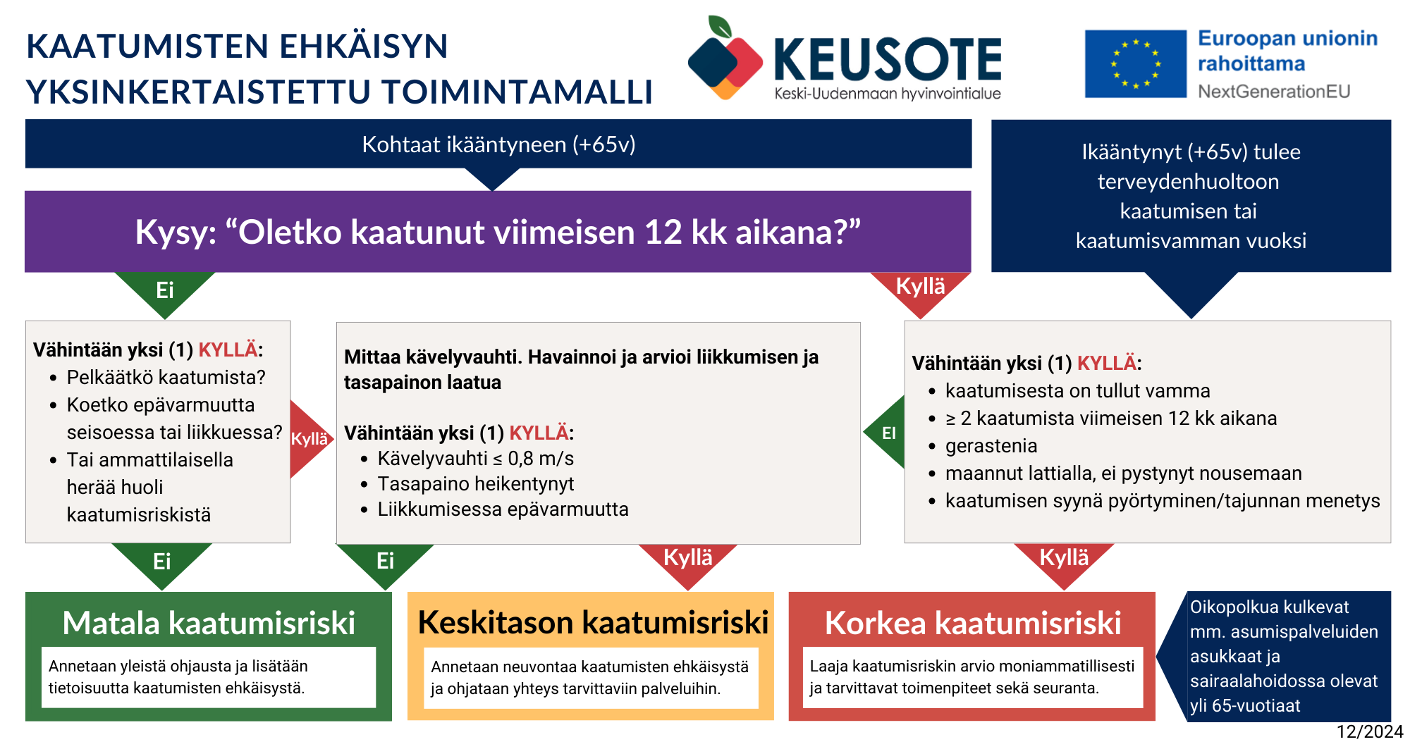 Kaatumisten ehkäisyn yleinen toimintamalli ammattilaisille auttaa riskinarvion tekemisessä ja toimii ohjauksen ja neuvonnan tukena.