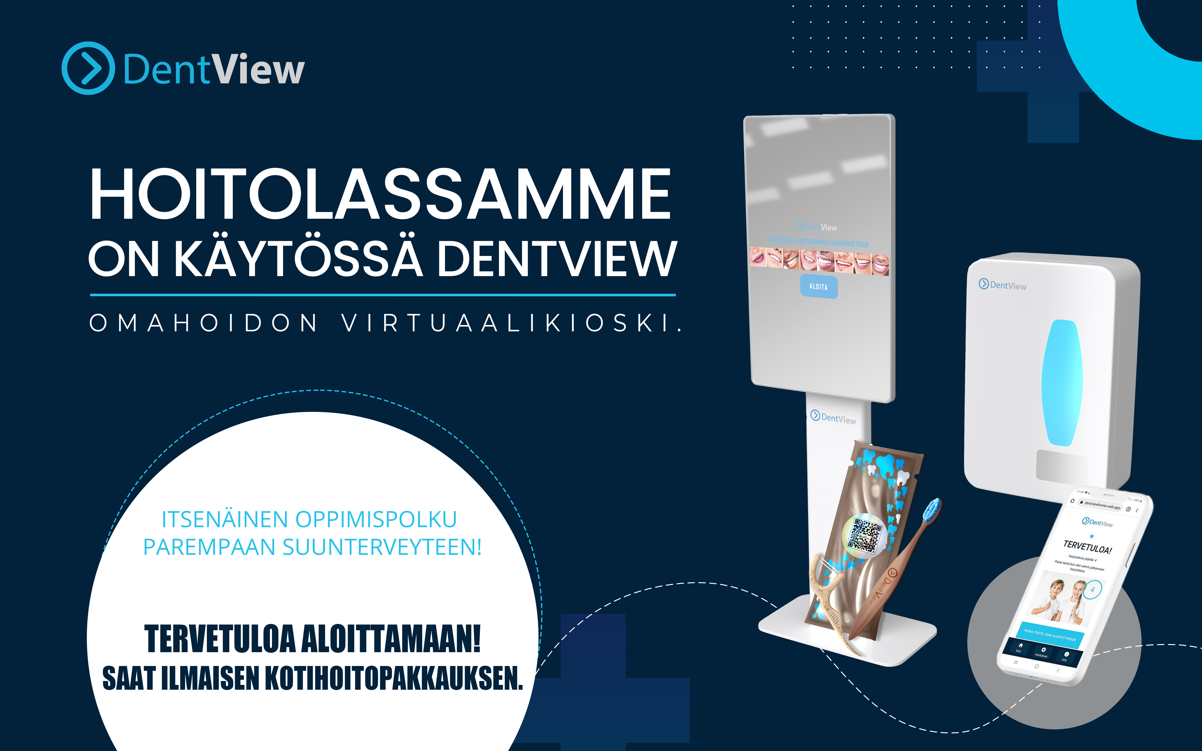 Hoitolassamme on DentView-laite ohjeistus. Kuvassa on kuva DentView-laitteesta sinisellä taustalla.