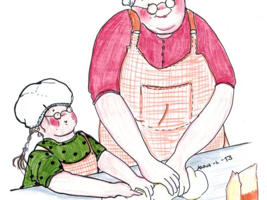 Ikäihminen ja lapsi leipovat yhdessä.