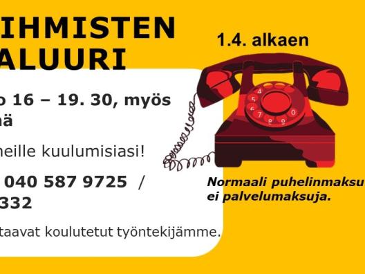 Ikäihmisten iltaluurin mainos, jossa on puhelinnumerot ja päivystysajat.