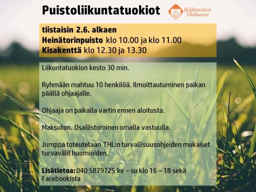 Ikäihmisten olohuoneen puistoliikuntatuokioiden infoa ja yhteystiedot sisältävä mainos.