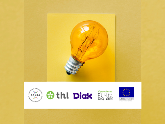 Keltaisella pohjalla muistilappu, jossa lampun kuva. Logoina Sokra ja Sokran päätoteuttaja THL, osatoteuttaja DIAK ja rahoittaja Euroopan sosiaalirahasto.