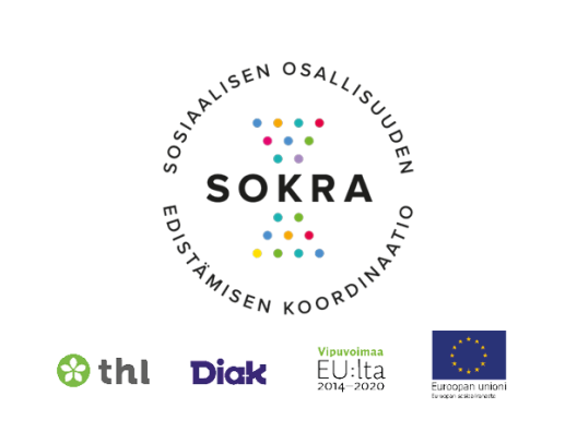 Sokra-koordinaatiohankkeen logo sekä Sokra hankkeen pääteoteuttaja THL:n logo, osahanke Diakin logo ja rahoittajan logo: vipuvoimaa EU:sta ja Euroopan sosiaalirahaston logo.