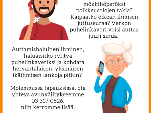 Ilmoitus, jossa haetaan puhelinkavereita yli 65-vuotiaille, yksinäisille hervantalaisille.