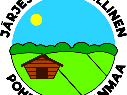 Pyöreä logo, jonka kuvassa on peltomaisema, punainen lato ja sininen taivas, ja jonka ympärillä lukee teksti Järjestöystävällinen Pohjois-Pohjanmaa