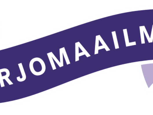 Varjomaailman violetti logo. Violetti nauha, jossa lukee valkoisella Varjomaailma.