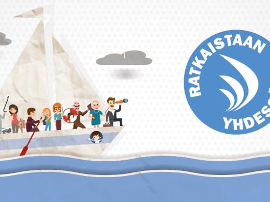 Ratkaistaan yhdessä! -logo ja banneri, jossa joukko iloisia ihmisiä purjehtii ja yhdellä on kädessä kaukoputki