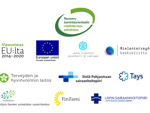 Kuvassa recovery-hankkeen logot, osatoteuttajien logot ja ESR logot ylhäältä vasemmalta oikealle: Recovery -toimintaorientattio mielenterveyspalveluissa, Vipuvoimaa EU:lta rahoituskausi 2014-2019, EU:n lippulogo, Lapin yliopisto, Mielenterveydenkeskusliito, Terveyden- ja hyvinvoinninlaitos,Etelä-Pohjanmaan sairaanhoitopiiri, Tampereen yliopistollinen sairaala, Pohjois-Suomen sosiaalialan osaamiskeskus, FinFami, Lapin sairaanhoitopiiri