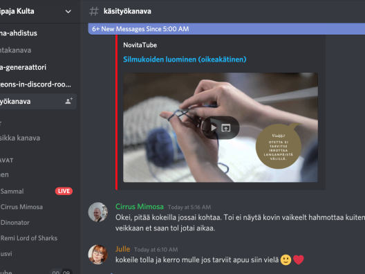 Kuvassa kuvakaappaus Discord-alustalle luodusta kulttuuripajatoiminnasta.