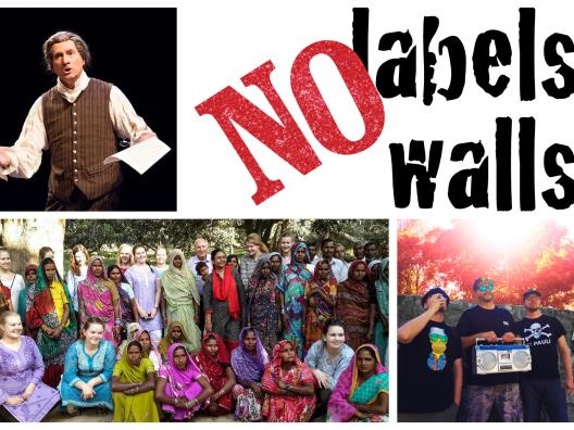Kuvassa on kolme kuvaa No Labels No Walls festivaalin esiintyjistä. Runoilija Yhdysvalloista, naisia Intiasta ja suomalainen rap-yhtye. Tämän lisäksi kuvassa on No Labels No Walls festivaalin logo, jossa lukee No Labels No Walls.