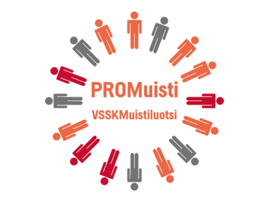 PROMuistiverkoston logo. Piirrettyjä ihmishahmoja seisoo ympyrässä. Ympyrän keskellä on verkoston nimi.