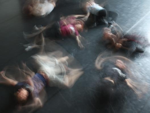Kuva teoksesta Kadonneet pojat (2010). Kuvassa on kuusi nuorta miestä, jotka liikkuvat vimmaisesti lattialla maaten. 