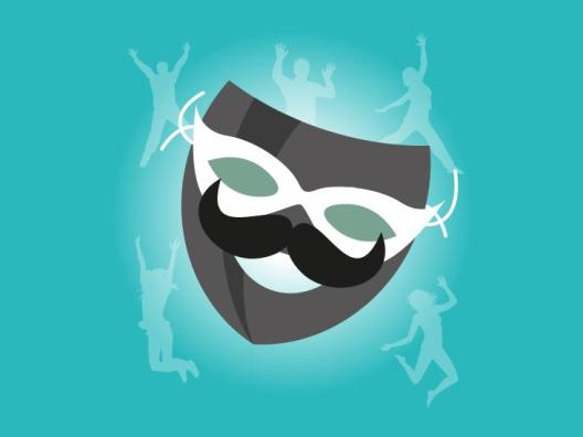 Osallistava ja liikunnallinen teatteri -hankkeen logo, jossa teatterimaski leijuu vihertävällä pohjalla.