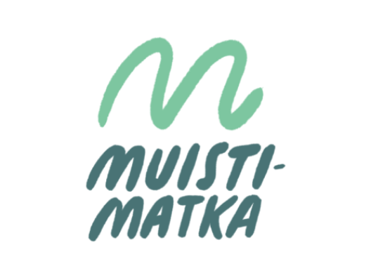 Muistimatkan logo, jossa vaaleanvihrea laineikas m-kirjain sekä sen alapuolella tumman vihreällä kirjoitettu muistimatka.