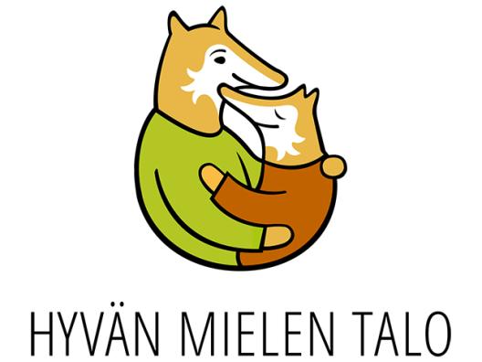 Hyvän mielen talo ry:n logo, jossa kaksi kettu-hahmoa halaavat toisiaan.