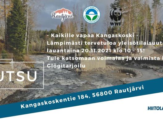 Kuvassa Kangaskosken purettu pato Hiitolanjoella. Juhlan järjestäjien logot (Rautjärven kunta, Etelä-Karjalan virkistysaluesäätiö, WWF ja Hiitolanjokiyhdistys). Kutsuteksti ja paikan osoitetiedot.