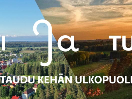 Järki ja tunteet -teksti maiseman päällä.