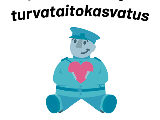 Logo, jossa Toripolliisi-patsas istuu sydän syliässä ja kuvan päällä lukee Oulun tunne- ja turvataitokasvatus ja alla www.turvataitokasvatus.fi
