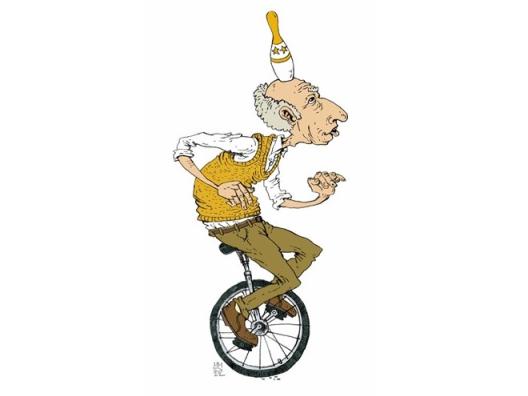 Kuvassa on vanhempi mies, joka ajaa yksipyöräisellä sirkuspyörällä