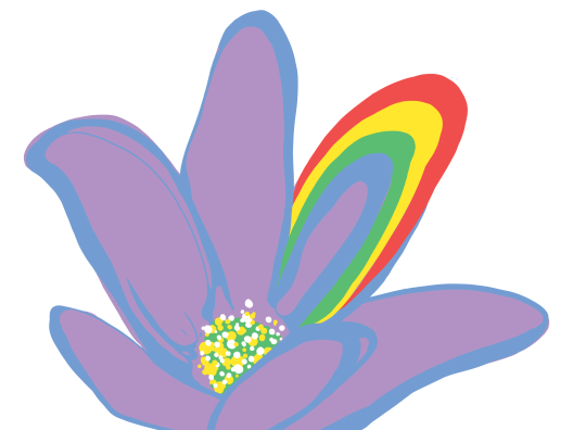 Piirretty kukka, jossa sateenkaaren värejä.