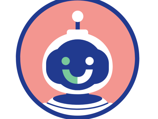Chatbot kuvake, iloinen hymynaama robotti avaruusasussa. 