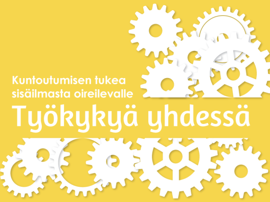 Työkykyä yhdessä -hankkeen logo, jossa on valkoisia hammasrattaita keltaisella taustalla ja teksti: Kuntoutumisen tukea sisäilmasta oireilevalle. Työkykyä yhdessä. 