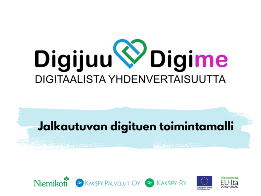 Digijuu Digime-hankkeen logo ja kuvateksti: Jalkautuvan digituen toimintamalli