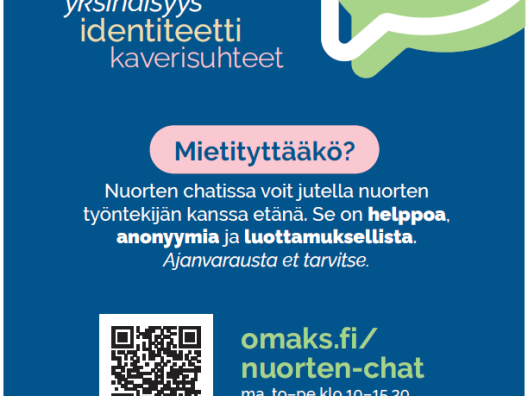 Nuorten chatissa voit jutella nuorten työntekijän kanssa etänä. Se on helppoa, anonyymia ja luottamuksellista. Ajanvarausta et tarvitse.