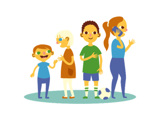 Animaatio kuva, joka sisältää neljä lasta, joista yksi puhuu puhelimeen