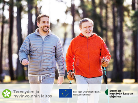 Kaksi miestä kävelyllä. Kuvan alareunassa logot: Terveyden ja hyvinvoinnin laitos, Euroopan unionin rahoittama - NextGenerationEU ja Suomen kestävän kasvun ohjelma.