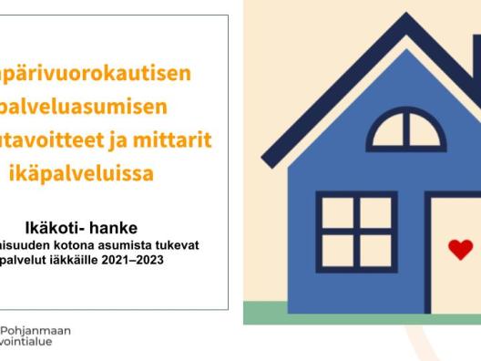 Sininen talo keltaisella taustalla. Talon vieressä teksti: Ympärivuorokautisen palveluasumisen laatutavoitteet ja mittarit ikäpalveluissa.  Ikäkoti- hanke, Tulevaisuuden kotona asumista tukevat palvelut iäkkäille 2021–2023 