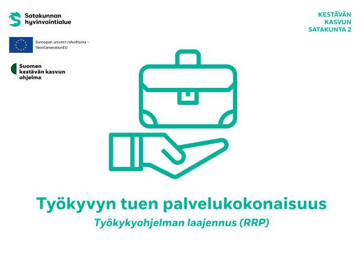 Kuvassa salkku avoimella kämmenellä sekä teksti: Työkyvyn tuen palvelukokonaisuus / Työkykyohjelman laajennus (RRP)