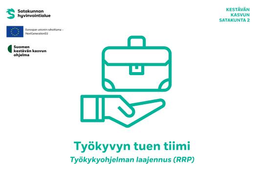 Kuvassa salkku avoimella kämmenellä sekä teksti: Työkyvyn tuen tiimi / Työkykyohjelman laajennus (RRP)