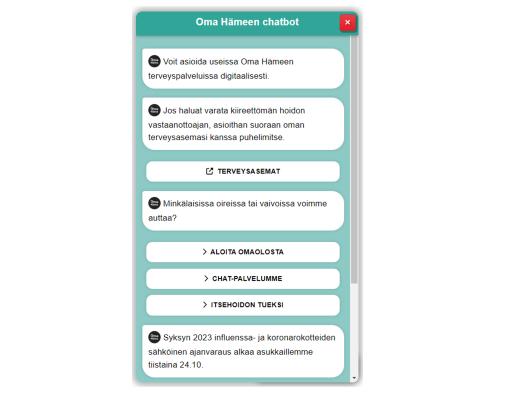 Näyttökuva Oma Hämeen verkkosivuille sijoitetustachat-palvelubotista