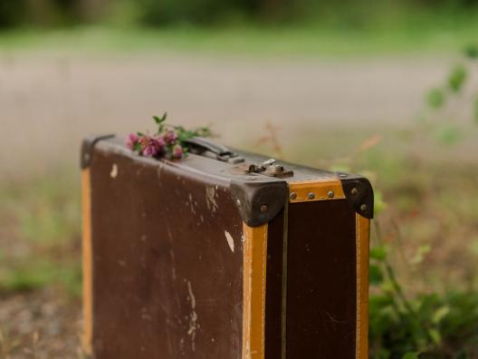 Vanha matkalaukku, jonka päällä on kukkia. 