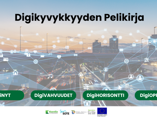 Digikyvykkyyden pelikirjan etusivu, jossa alaotsikot DigiNyt, DigiHorisontti, DigiVahvuudet ja DigiOppiminen.