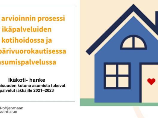 Sininen talo keltaisella taustalla, vieressä teksti: RAI arvioinnin prosessi ikäpalveluiden kotihoidossa ja ympärivuorokautisessa asumispalvelussa