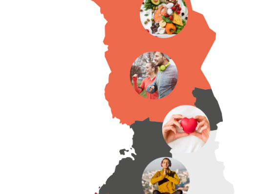 Suomen kartta, jossa Pohjois-Suomen alue väritettynä. Lisäksi kuvia muistiterveellisistä asioista: sydän, liikunta, ravitsemus, sosiaalinen kanssakäyminen ja aivojen aktivointi.