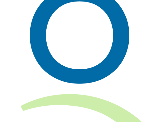 Sininen ympyrä vaaleanvihreän kaariviivan yläpuolella. Omaolo logo.