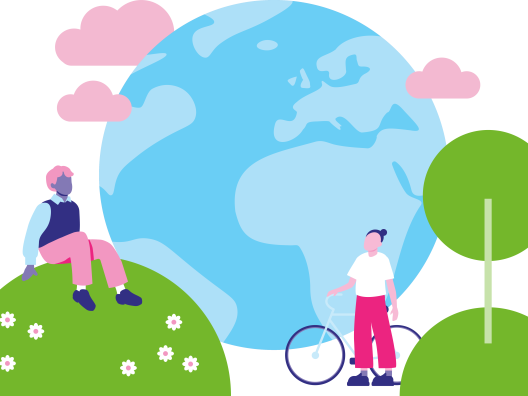 Piirroskuva, jossa henkilö istuu vihreän pallon päällä ja toinen henkilö seisoo polkupyörän vieressä. Molemmat katsovat taustalla näkyvää sinisensävyistä maapalloa.