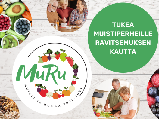 kuvassa ihmisiä laittamassa ruokaa, kuvia kasviksista sekä teksti MuRu Tukea muistiperheille ravitsemuksen kautta