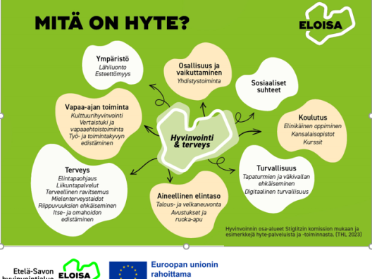 Hyvinvoinnin osa-alueet Stiglitzin komission mukaan ja esimerkkejä hyte-palveluista ja -toiminnasta.