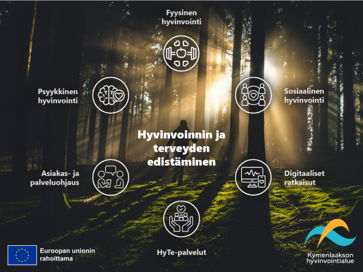 Kuvituskuva terveyden ja hyvinvoinnin edistämisen kokonaisuudesta (psyykkinen, fyysinen ja sosiaalinen hyvinvointi ) sekä hyvinvoinnin ja terveyden edistämisen palvelukonseptista (hyvinvointia ja terveyttä edistävät palvelut, asiakas- ja palveluohjaus ja digitaaliset ratkaisut).