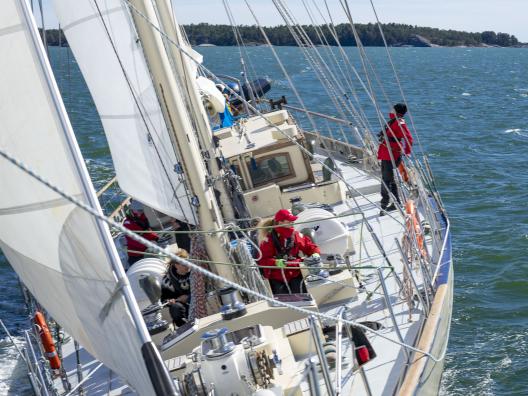 Kuvassa nuoret aikuiset purjehtivat Kuunari Helenalla