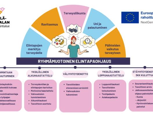 Kuva ryhmämuotoisen elintapaohjauksen toimintamallista ja sisällöstä.