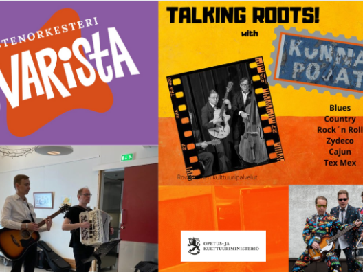 Kuvassa näkyy Kunnan Poikien eri toimintoja eli Kolme Varista -lastenorkesterin logo, Talking Roots -keikkamainos ja kuva ikäihmisten palveltalokeikalta. 