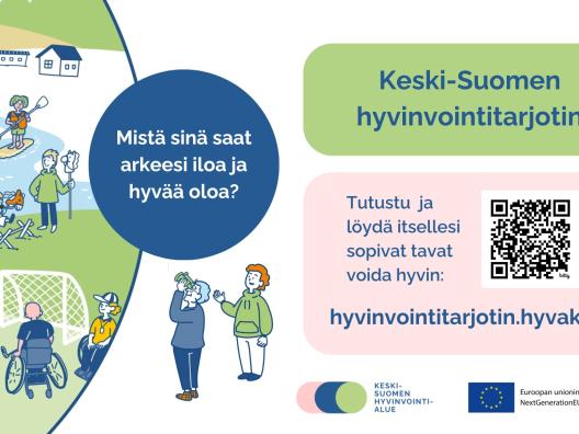 Piirroskuvassa ihmisiä harrastamassa.  Verkko-osoite hyvinvointitarjotin.hyvaks.fi.