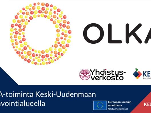 OLKA-toiminnan, yhdistysverkoston, sekä Keusoten logot. OLKA-toiminta Keski-Uudenmaan hyvinvointialueella